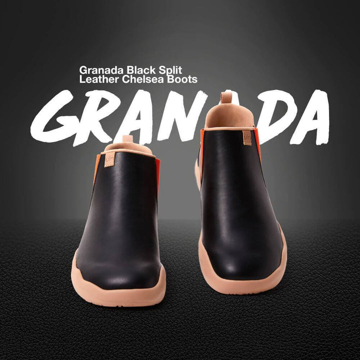 UIN Men Granada Black Split Leather Chelsea Boots Men Canvas loafers